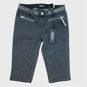 Allen B Studded Denim Shorts Women's Size 4 Gray Moto Zip NWT Punk Y2K Style